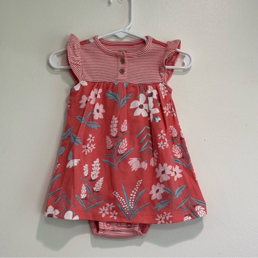 Carters 6 month floral and striped dress with built in onesie coral summer